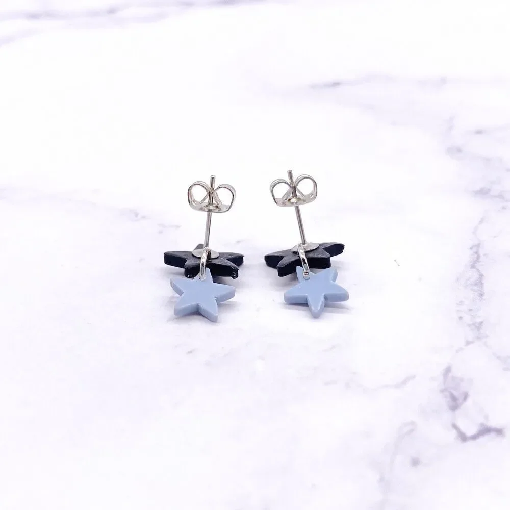Black and Blue Small Star Dangle Stud Earrings